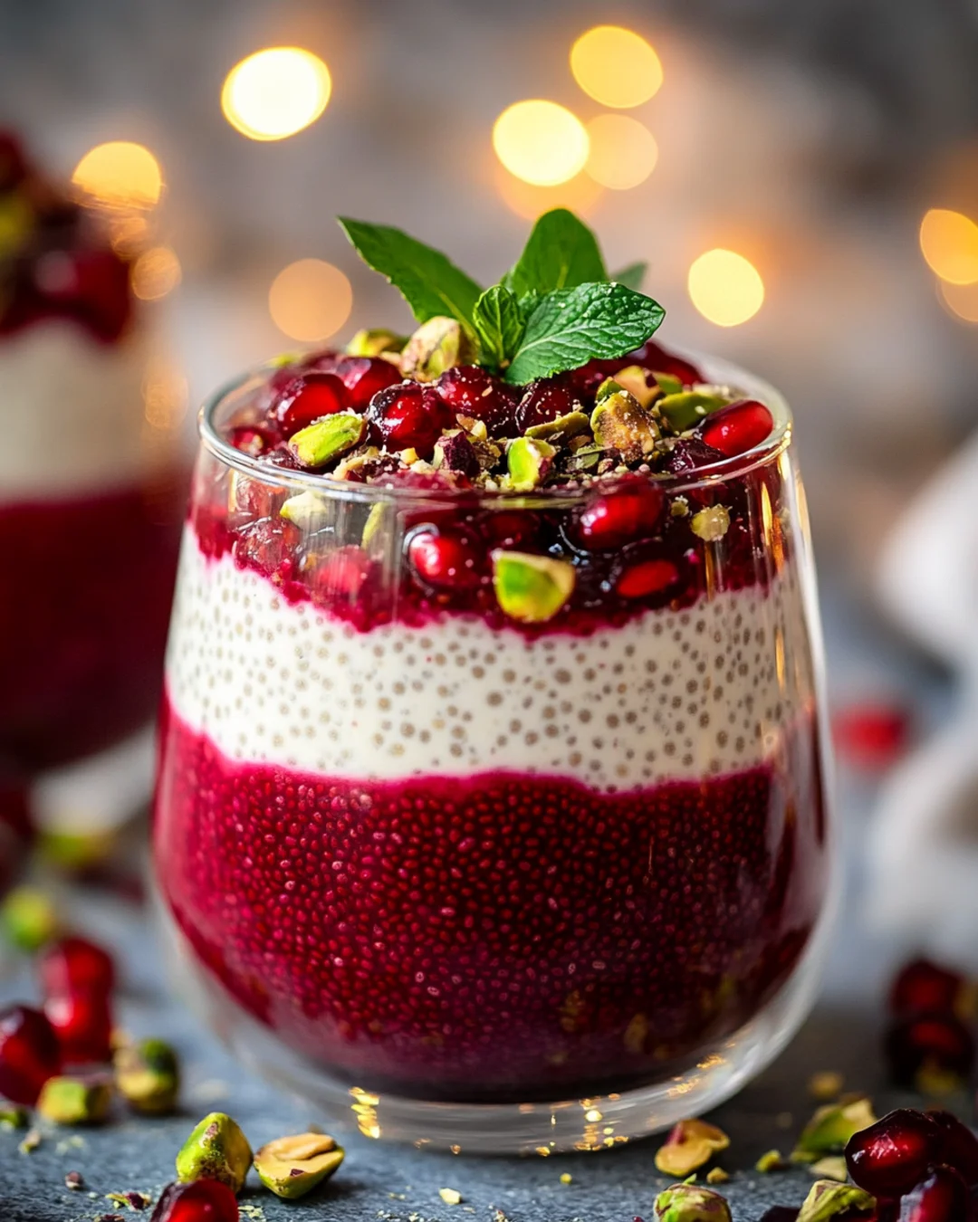 Chia seed pudding layered with pomegranate, topped with pistachios and fresh mint in a glass dessert cup.