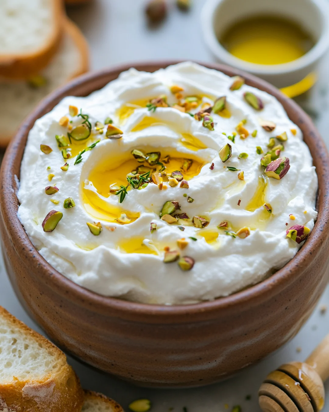 Whipped ricotta with olive oil, crushed pistachios, and herbs, served with bread slices.