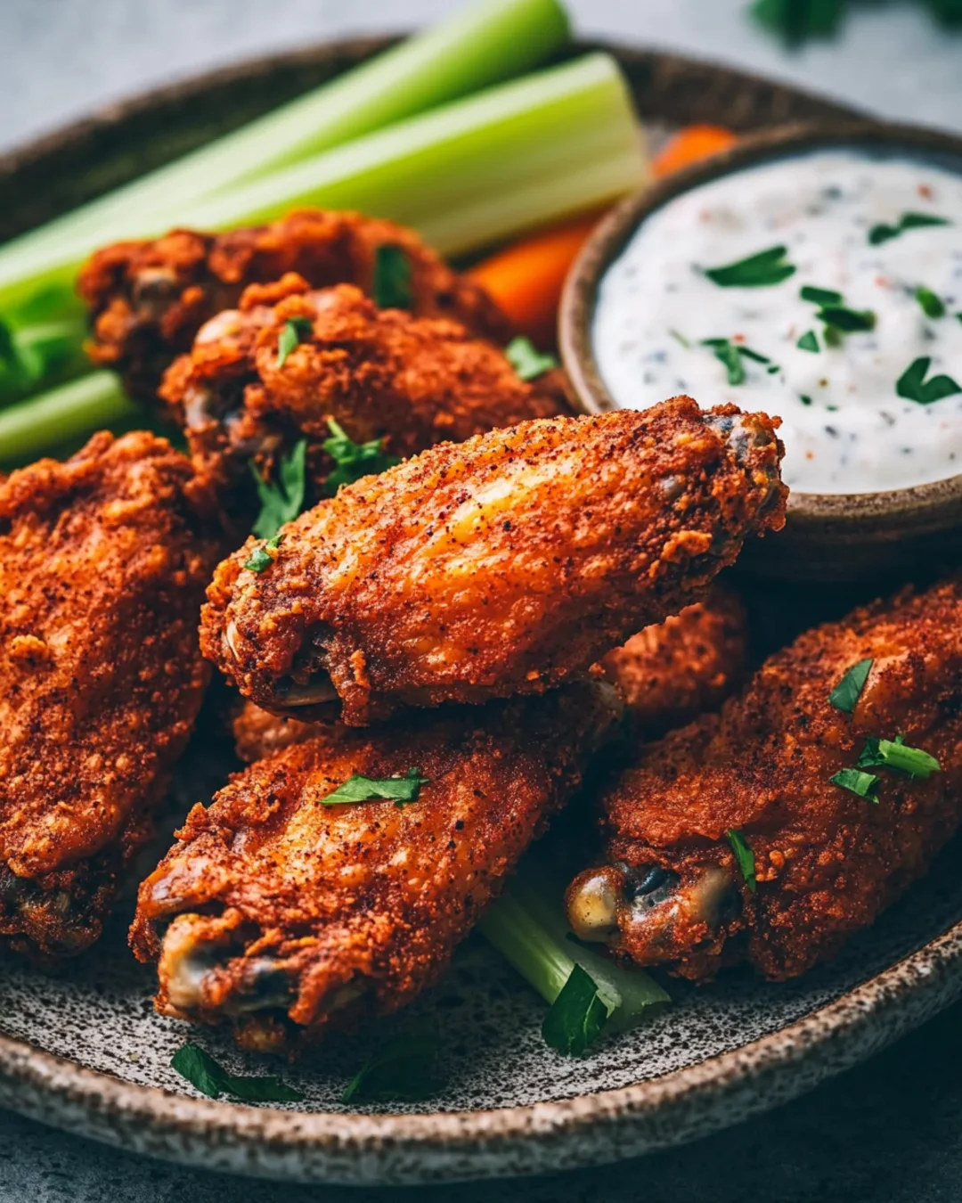 Crispy fried chicken wings with ranch dip, and carrot sticks on a plate.