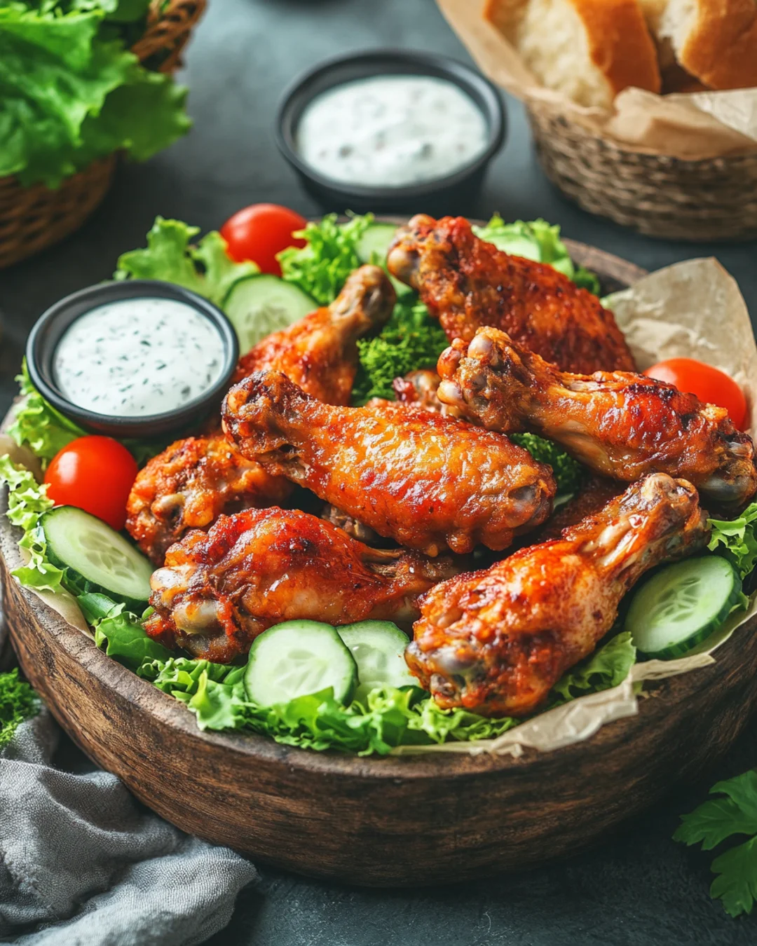 Baked chicken wings with salad, cucumber, tomatoes, and ranch dressing.