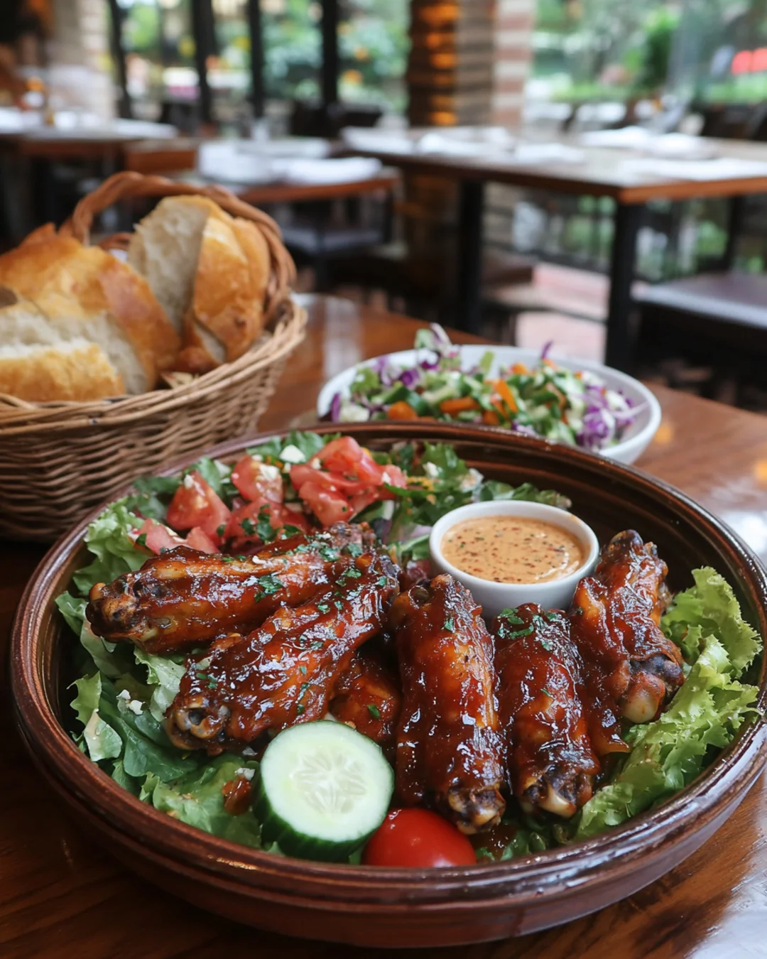 Glazed chicken wings served on fresh salad with dipping sauce.