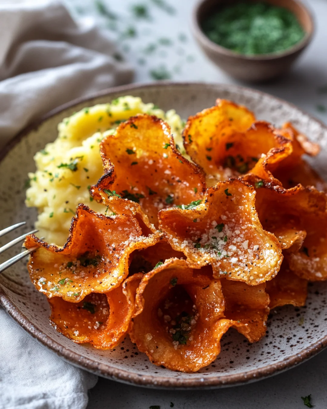 Crispy fried oyster mushrooms with Parmesan and herbs, served with mashed potatoes.