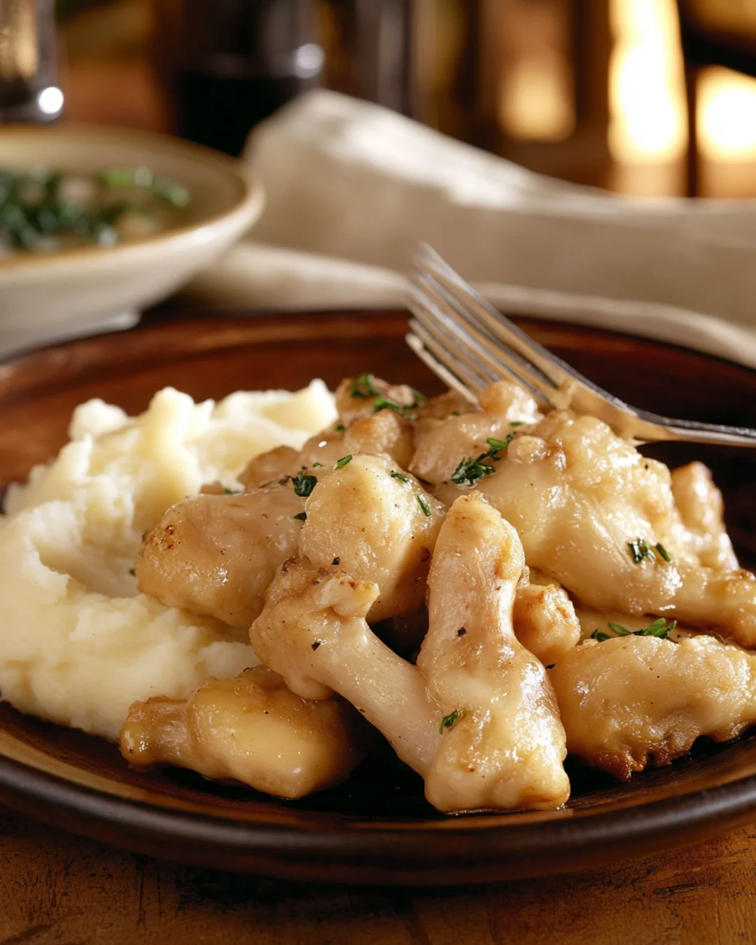 Buttery sautéed oyster mushrooms with herbs, served over creamy mashed potatoes.