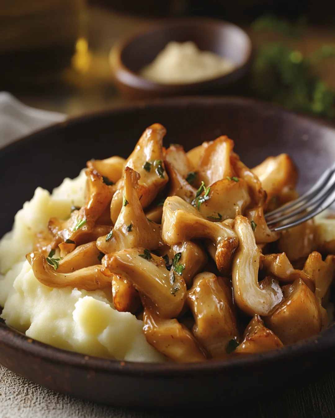 Sauteed oyster mushrooms in a savory sauce served over mashed potatoes in a dark bowl.