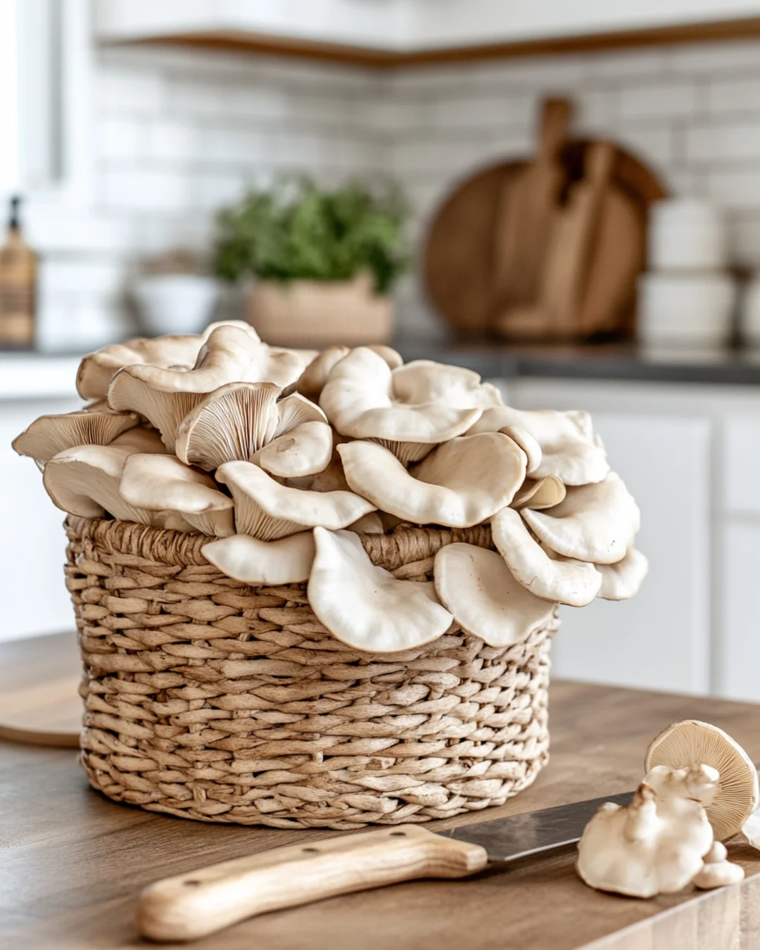 Fresh oyster mushrooms in a woven basket on a kitchen counter with a knife nearby.