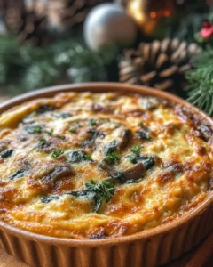 Freshly baked breakfast casserole with golden cheese, spinach, and mushrooms in a rustic ceramic dish.