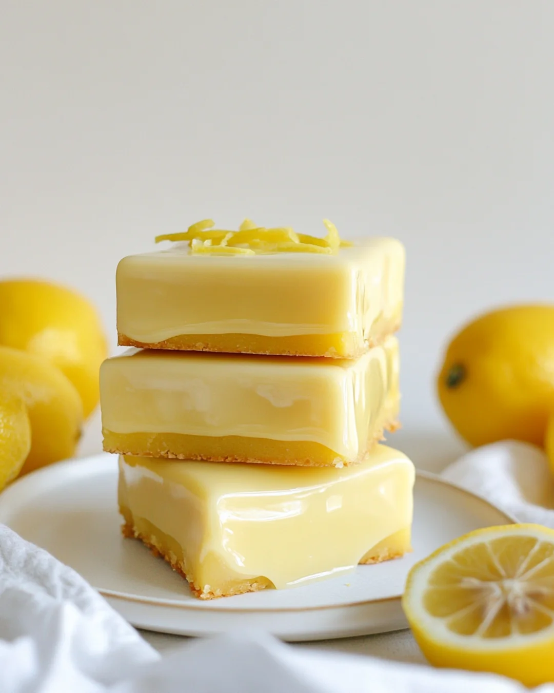 Chewy lemon brownies on a white plate