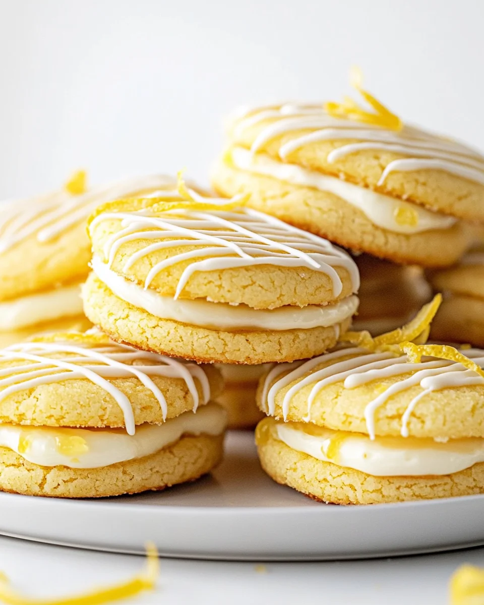 Lemon sandwich cookies with cream filling and white icing drizzle