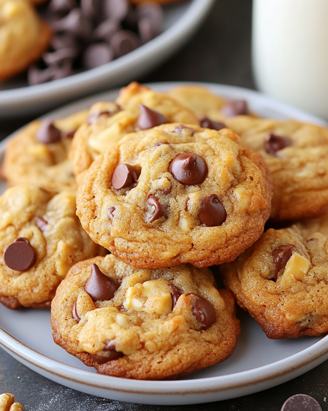 Freshly baked Toll House cookies stacked on a plate