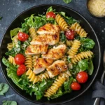 Fresh pasta salad with chicken and romaine