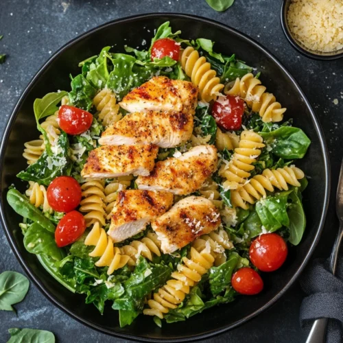 Fresh pasta salad with chicken and romaine