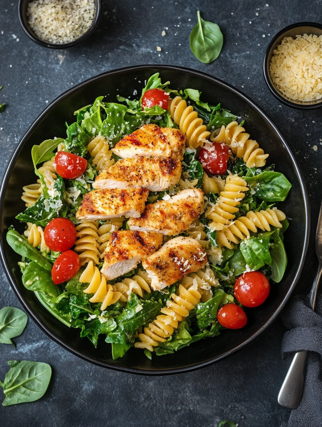 Fresh pasta salad with chicken and romaine