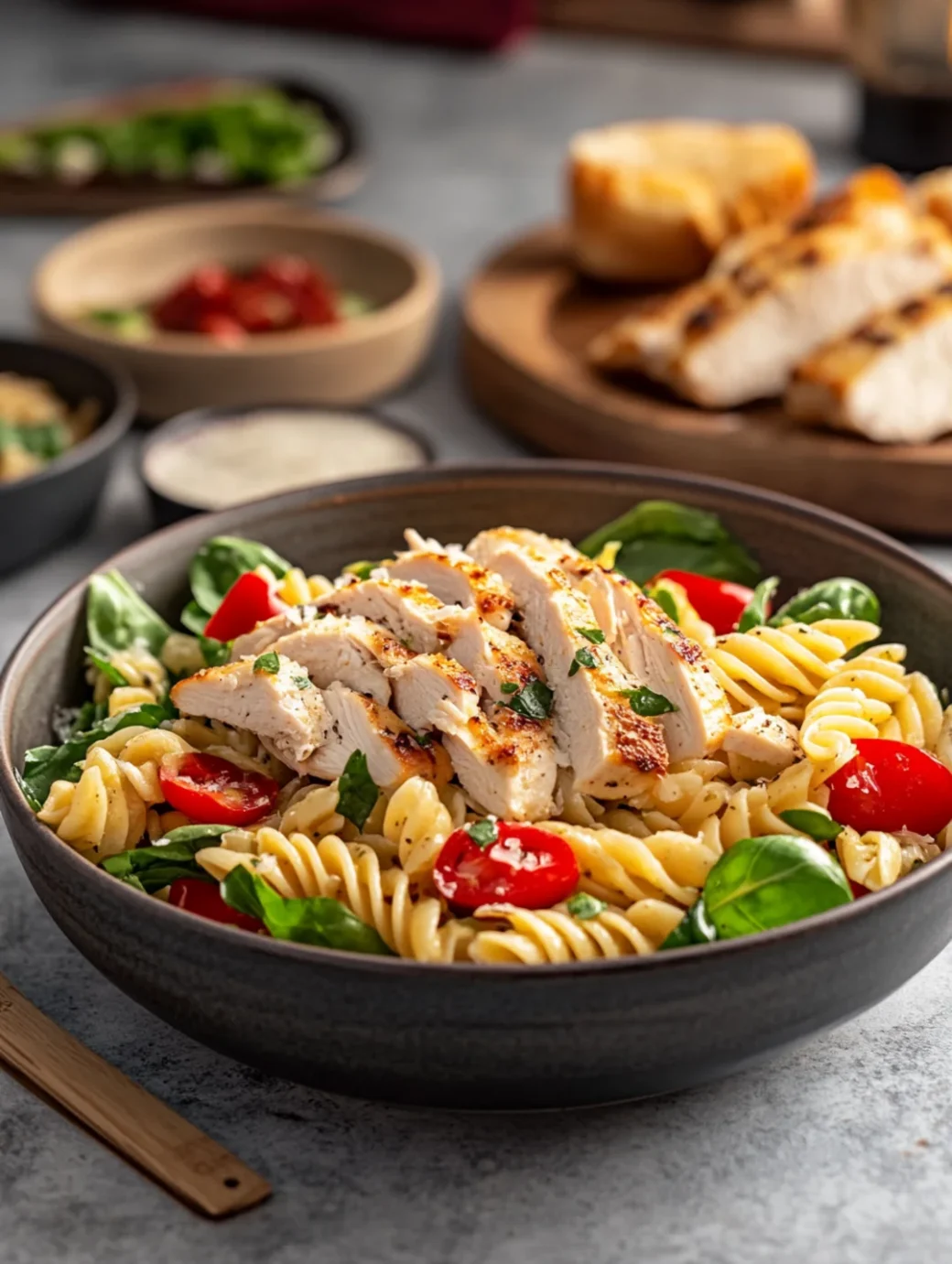 Chicken Caesar pasta salad in a bowl