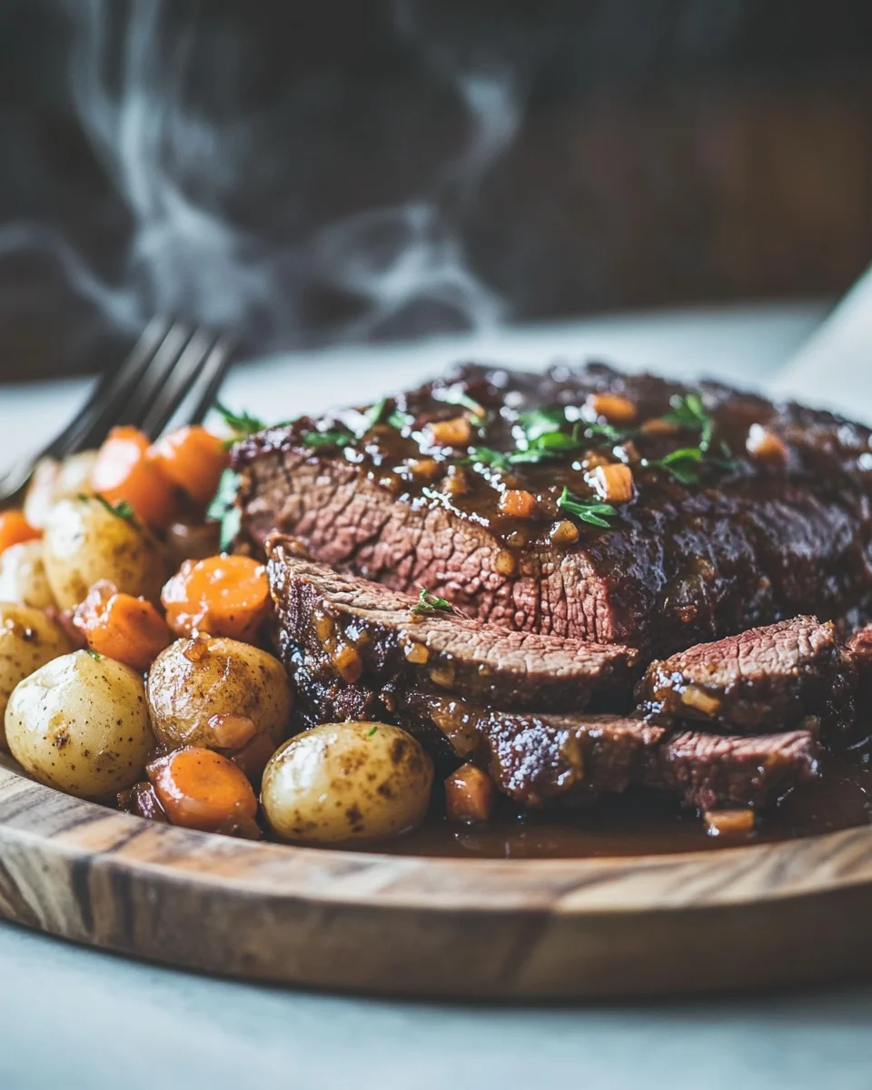 Slow cooker tri tip roast steaming hot with baby potatoes and carrots on a wooden plate, sliced medium-rare and covered in savory gravy