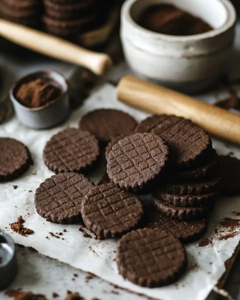 Homemade chocolate wafer cookies on parchment paper with a textured pattern, surrounded by cocoa powder and baking tools