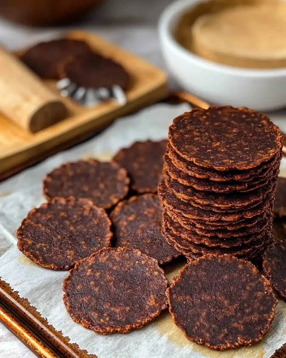 Stack of thin chocolate wafer cookies on parchment paper, rustic texture and crisp edges, with baking tools in the background
