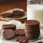 Stack of homemade chocolate wafer cookies next to a glass of milk