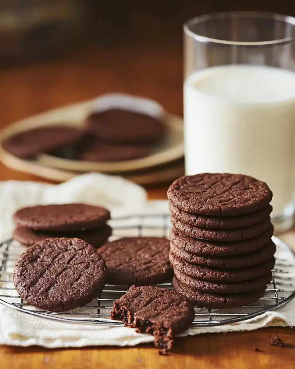 Stack of homemade chocolate wafer cookies next to a glass of milk