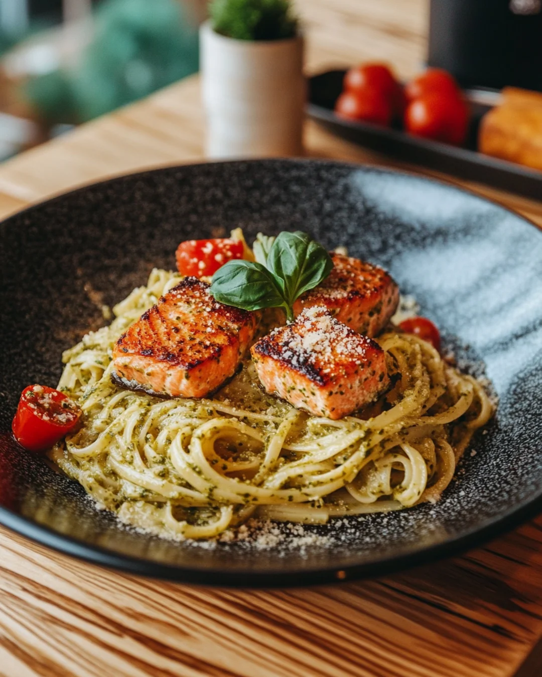 Fresh pesto pasta with salmon pieces