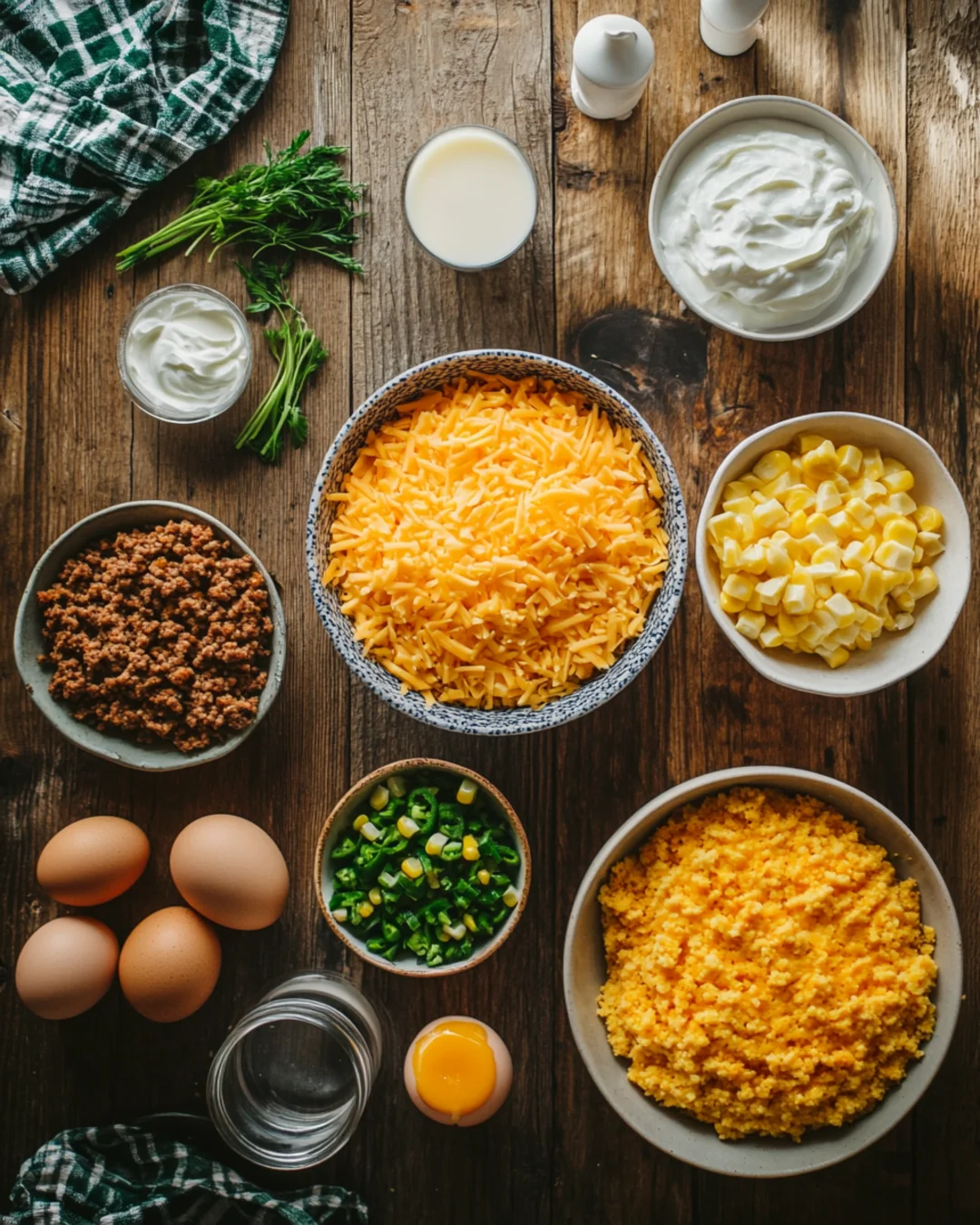 Cornbread casserole ingredients on wooden table
