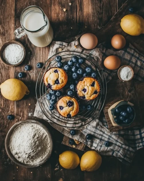 Blueberry muffin ingredients arranged on a kitchen counter