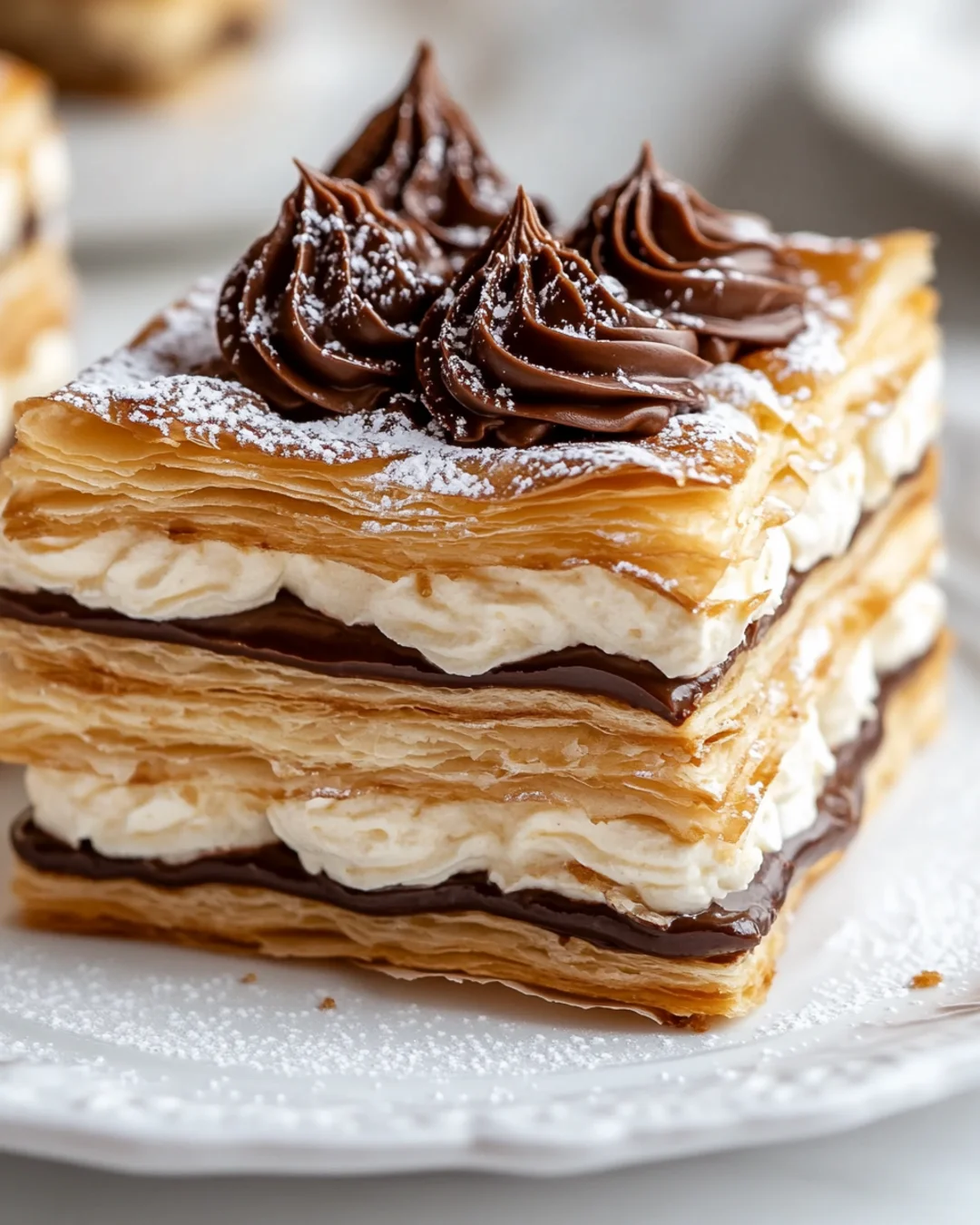 Layered puff pastry on dessert plate