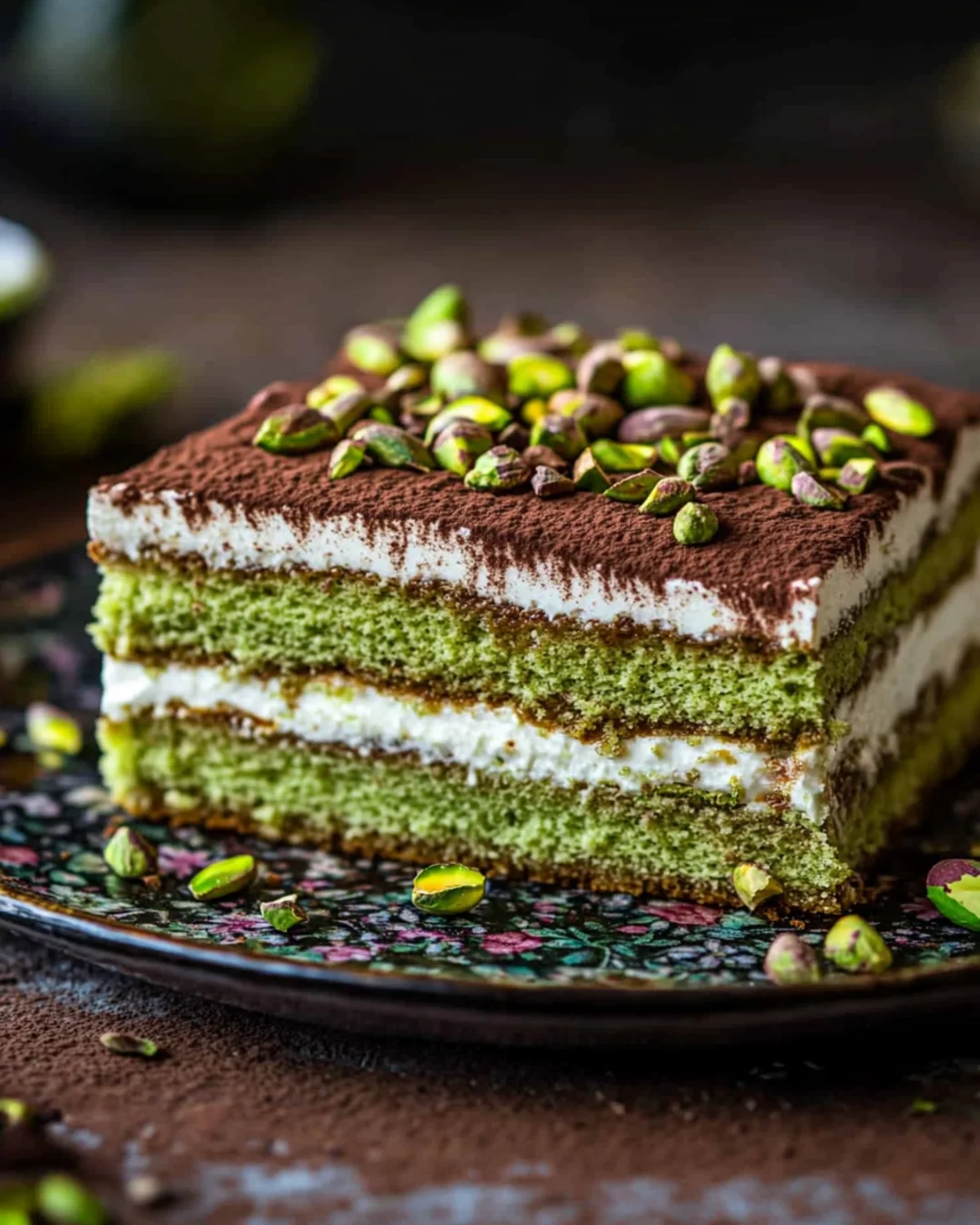 Luscious tiramisu with pistachio cream layers