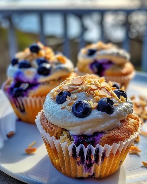 Golden blueberry muffins with visible berries