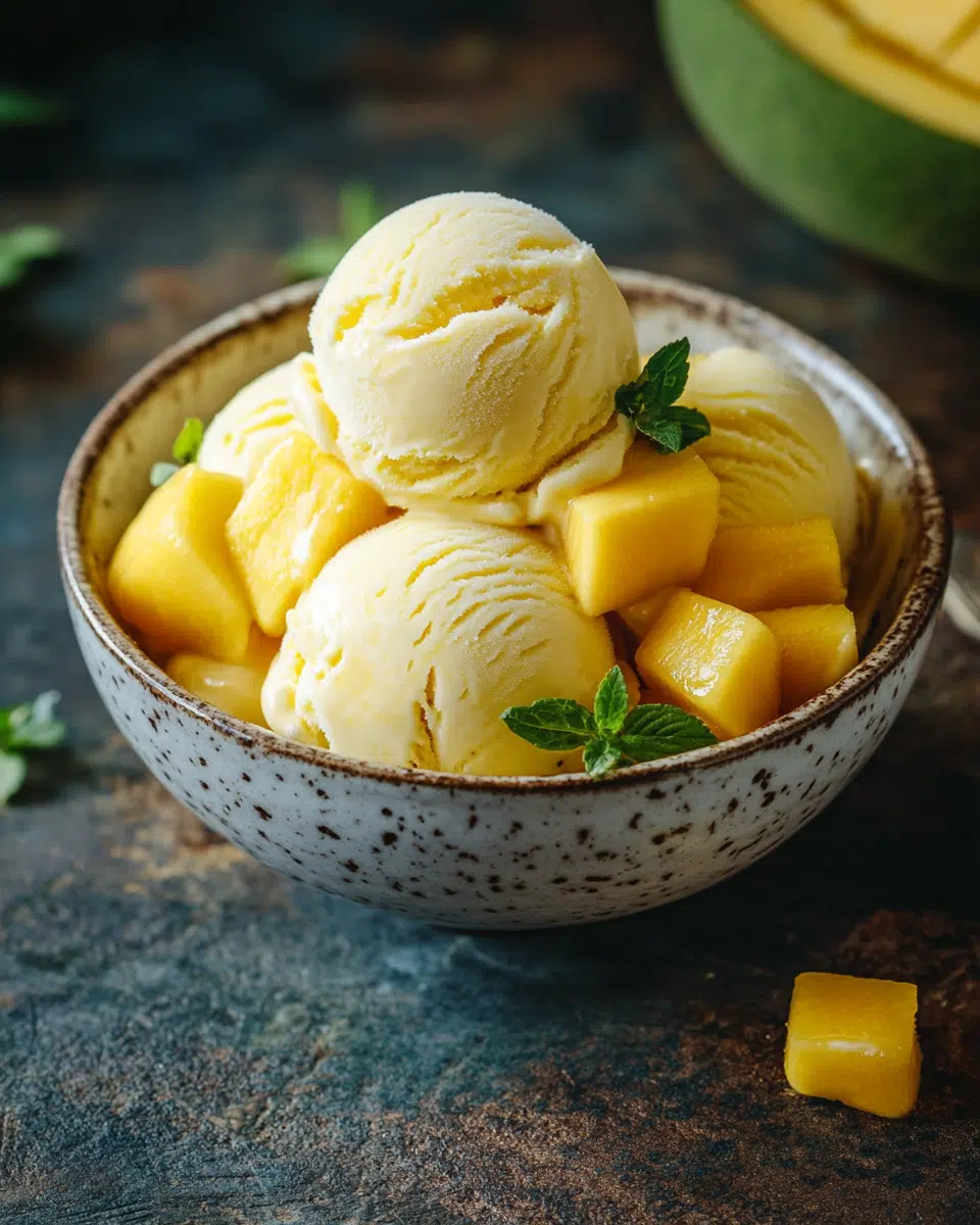 mango ice cream in mango shell with mint