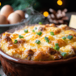 Biscuits and gravy casserole with golden biscuits, sausage gravy, and melted cheese