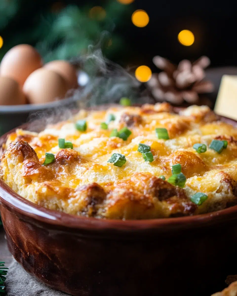 Biscuits and gravy casserole with golden biscuits, sausage gravy, and melted cheese