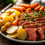 Served corned beef brisket slow cooker with potatoes and carrots on a white plate