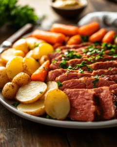 Served corned beef brisket slow cooker with potatoes and carrots on a white plate