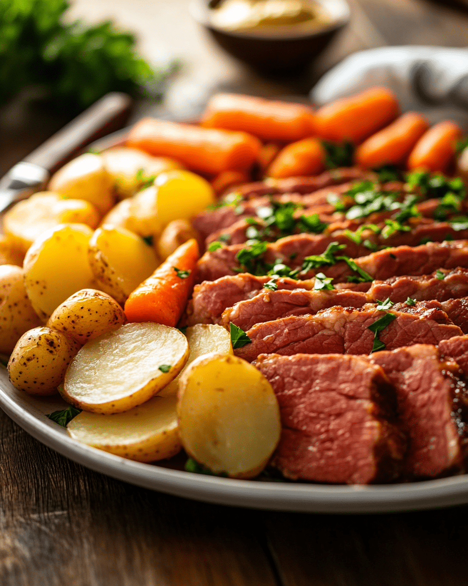 Served corned beef brisket slow cooker with potatoes and carrots on a white plate