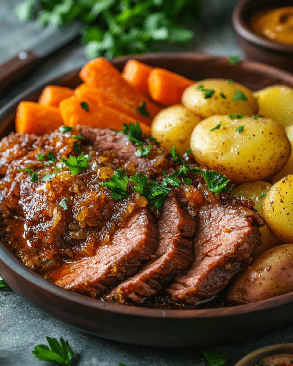 Close-up of tender corned beef brisket slow cooker with carrots and potatoes