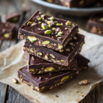 Chocolate Pistachio Bar at Home on wooden background