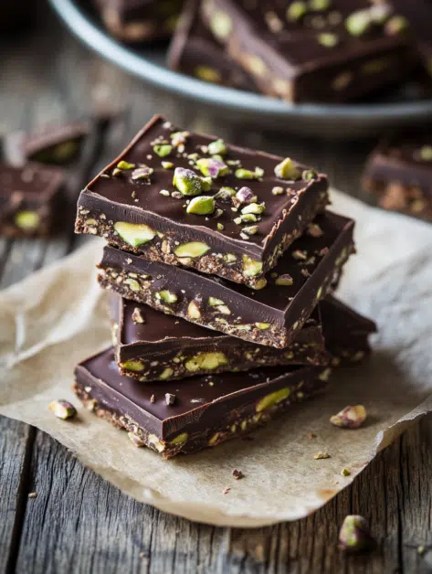 Chocolate Pistachio Bar at Home on wooden background