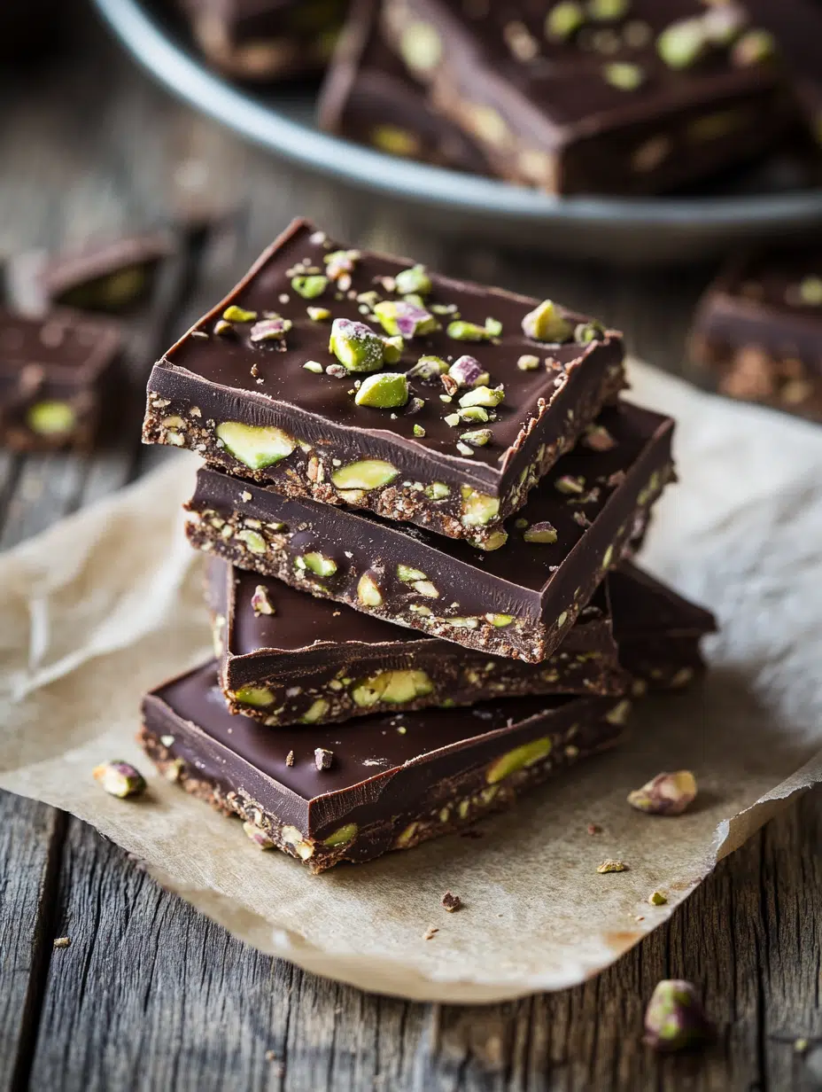 Chocolate Pistachio Bar at Home on wooden background