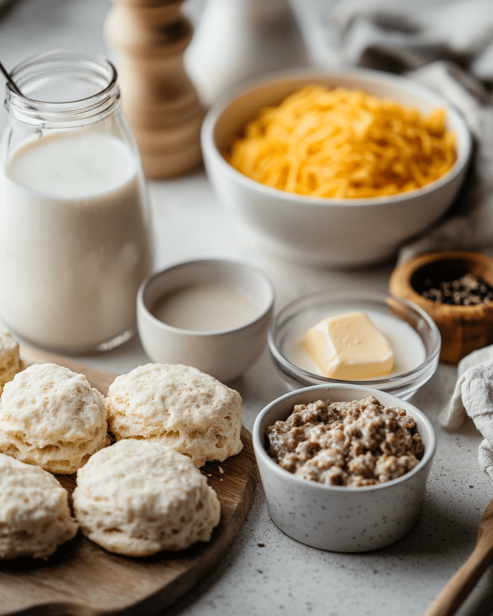 Ingredients for biscuits and gravy casserole including sausage, biscuits, eggs, milk, and cheese