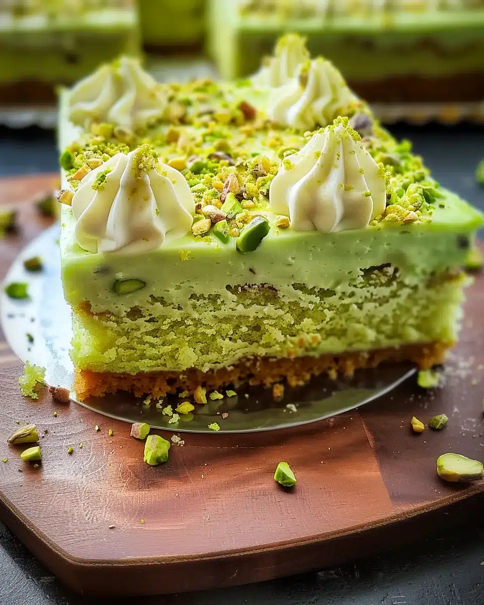 Slice of moist pistachio pudding cake