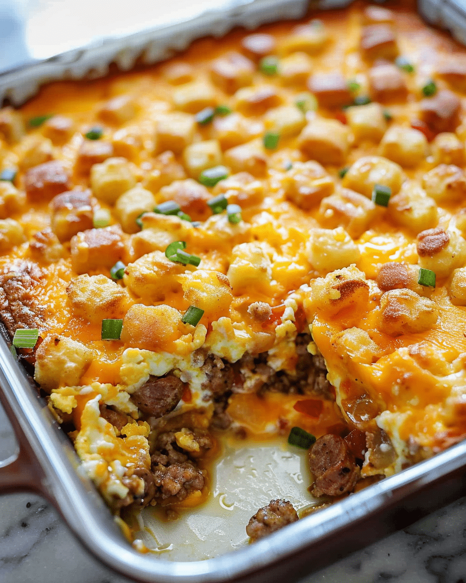 Fluffy biscuit breakfast casserole with creamy sausage gravy and baked eggs