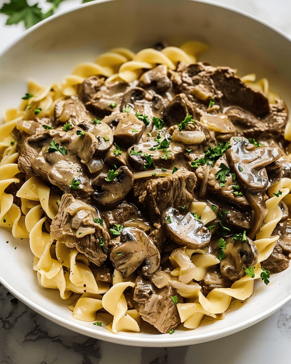 Slow cooker beef and noodles in creamy mushroom sauce with parsley garnish