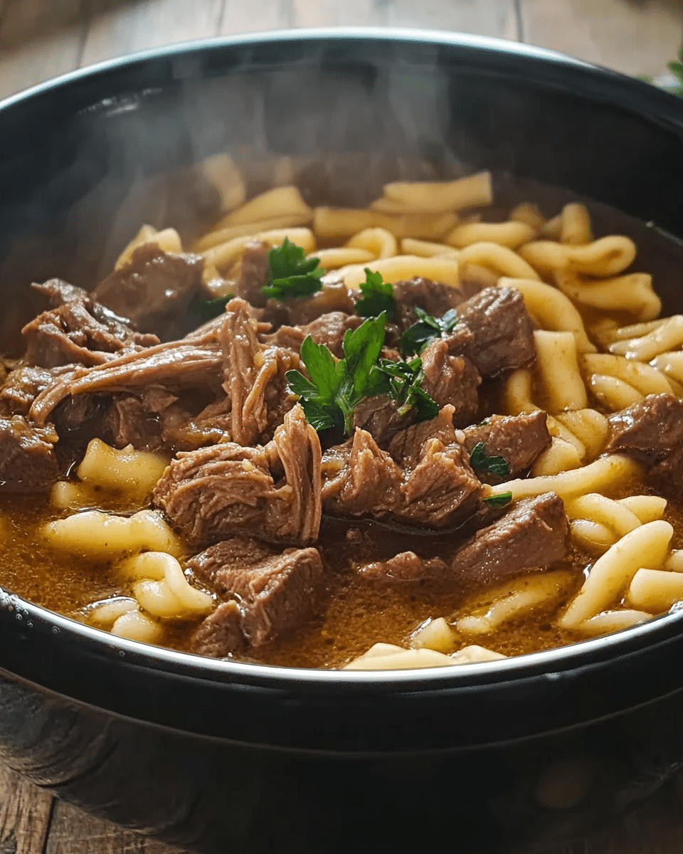 Slow cooker beef and noodles in rich broth with shredded beef and parsley garnish