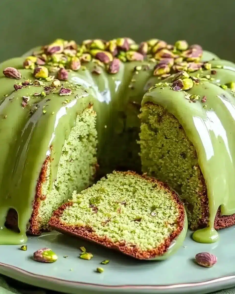 Fresh pistachio cake recipe with pudding topped with nuts
