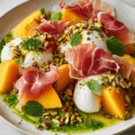Burrata with cantaloupe, prosciutto, and mint-pistachio drizzle