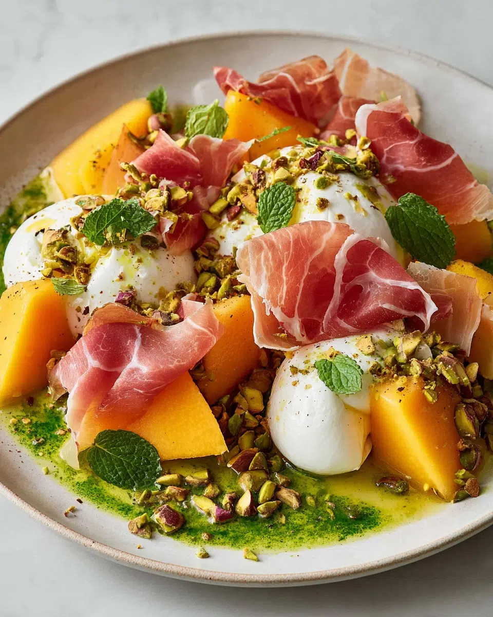 Burrata with cantaloupe, prosciutto, and mint-pistachio drizzle