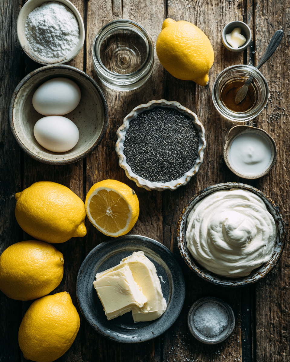Top-down photo of fresh ingredients used in Lemon & Poppy Seed Meringue Sandwiches preparation