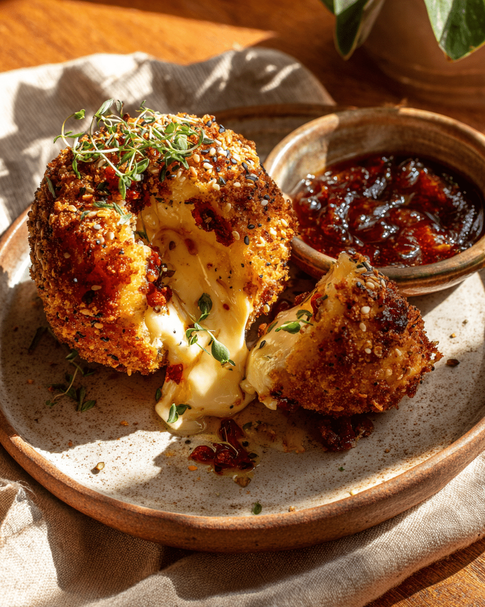 Preparing molten burrata sphere by coating cheese in crispy bagel crumb crust