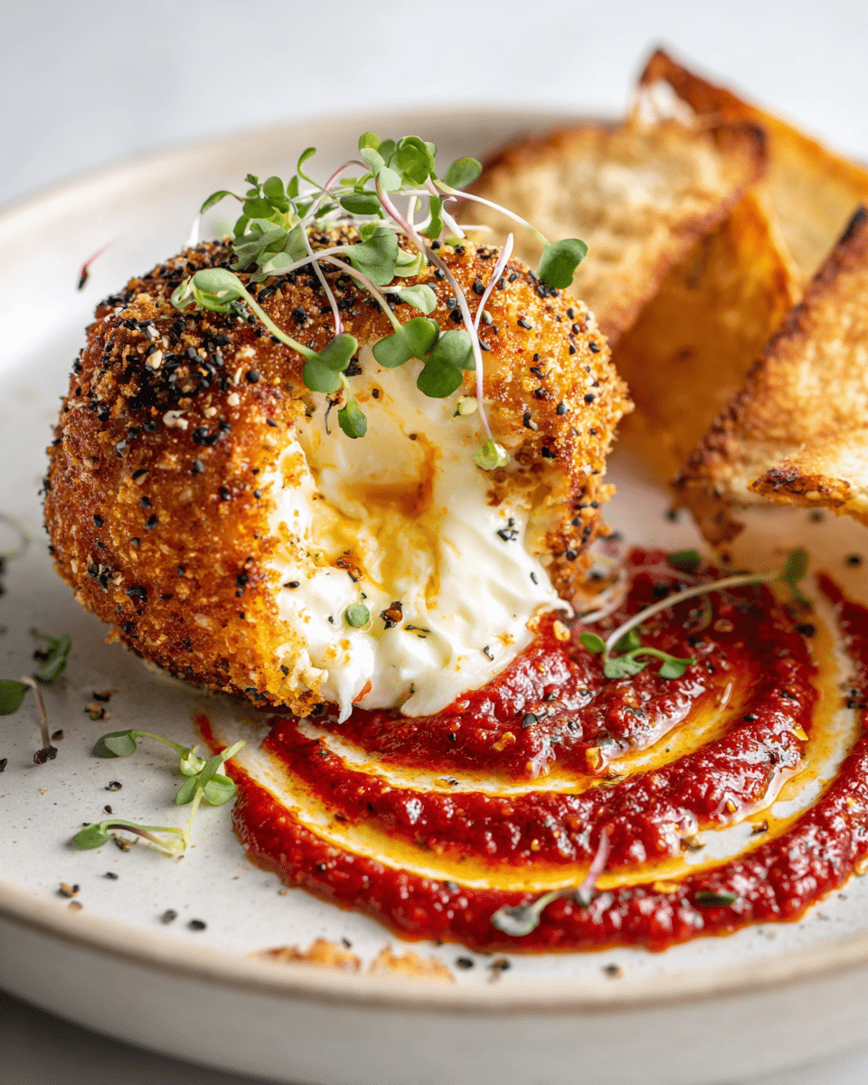 Molten burrata recipe plated with balsamic glaze