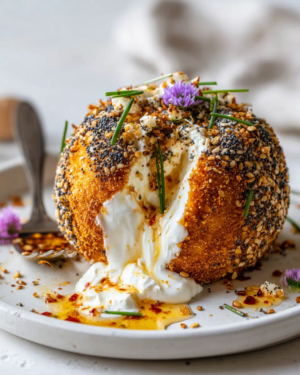 Molten burrata recipe served with a golden bagel crust and creamy melted cheese center